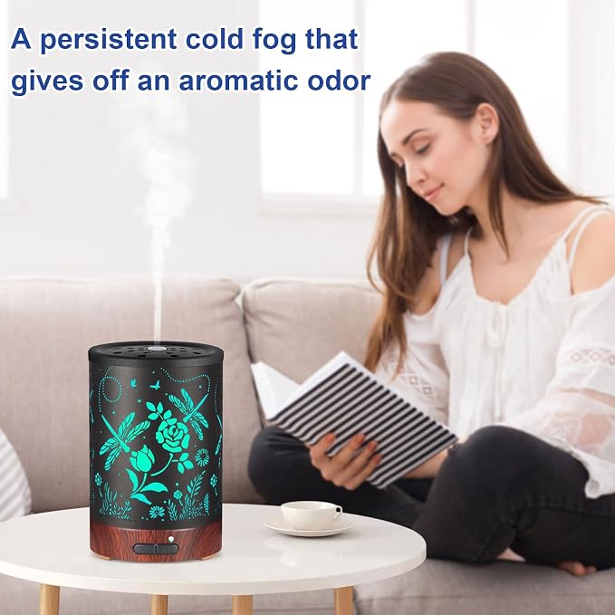 Essential Oil Diffuser- Aromatherapy Diffuser with7 Colors Light and Auto-Off for Women Metal Cool Mist Humidifier for Home and Office for Mom Women(Roses + Dragonflies)