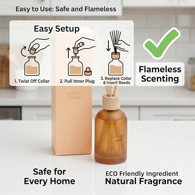 Reed Diffuser Set 6.7 oz Scented Oil Diffuser with 6 Fiber Sticks, Long Lasting Home Fragrance for Bathroom Shelf Decor, Living Room, Office Aromatherapy Gift 01 (Lemon Grass)
