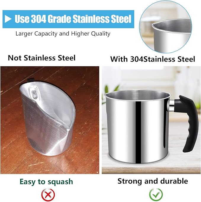 Candle Making Pouring Pot, DINGPAI 44oz Double Boiler Wax Melting Pot, 1pc Spoon, 304 Stainless Steel Candle Making Pitcher, Silver Color with Heat-Resistant Handle and Dripless Pouring Spout Design