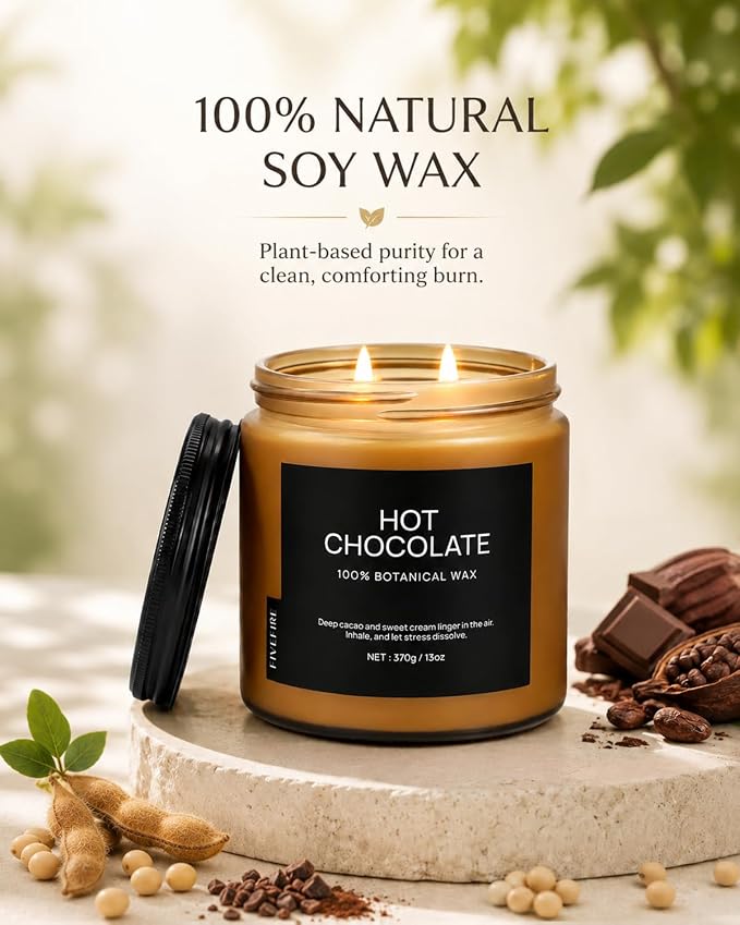 Hot Chocolate Home Scented Candles, 13oz Organic Soy Wax, 76-Hour Clean Burning, Natural Candles Non Toxic, Rich & Cocoa Gourmand Scent for Relaxation, Aromatherapy Housewarming Candle for Men Women