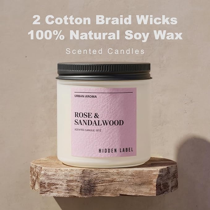 Hidden Label Rose Sandalwood Soy Candle, 12oz 2-Wick, 70H Floral Warmth | Non-Toxic Natural Wax, Paraben & Phthalate-Free, Clean Burn | Elegant Decor & Gift-Ready | Stress Relief & Grounding Calm