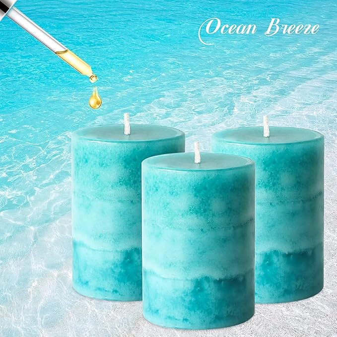 Pillar Candles Ocean Breeze Scented 3x4 inch Aqua Green Candle Clean Burning Smokeless Dripless Candles for Home Scented, Dinner Table, Fireplace Coastal Ocean Bathroom Decor - 3 Pack