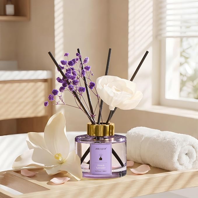 Airkeep Flower Reed Diffuser Set, French Lavender Diffuser Set, 5.07 Fl.oz (150ml), Home Fragrance, Bathroom, Bedroom & Home Décor, Air Freshener