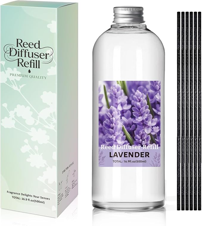 SCENTORINI Reed Diffuser Oil Refill, 16.9oz Lavender Scented Essential Oil with 6 Sticks, Long Lasting Summer Home Fragrance for Large Space Bathroom, Spa Room Aromatherapy, Hotel, Home & Office Decor