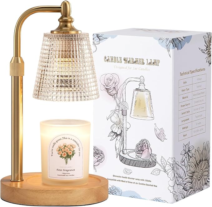 Hong-in Candle Warmer Lamp with Timer Dimmer, Birthday Gifts for Women, House Warming Gifts for New Home, Vintage Room Decor, Adjustable Height Candle Lamp, Wax Warmer for Scented Jar Candles, Clear