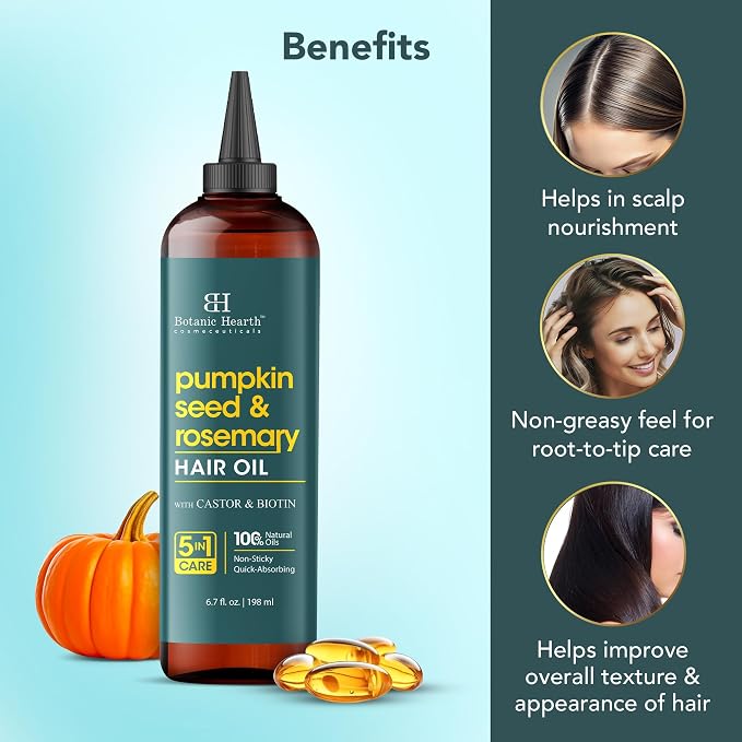 Botanic Hearth 100% Pure Pumpkin Rosemary Oil For Hair Growth & Hair Treatment Oils 6.7 Fl oz | Infused with coconut Oil | Hair Oil Repairs Dry Damaged Hair, Strengthening, Healthier | All Hair Types