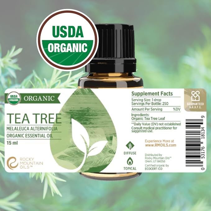 Rocky Mountain Oils Organic Tea Tree Essential Oil - 100% Pure, Undiluted, Natural Aromatherapy Oil for Skin, Hair & Diffuser, Therapeutic Grade for Hair Care, Massage and Humidifiers, USDA