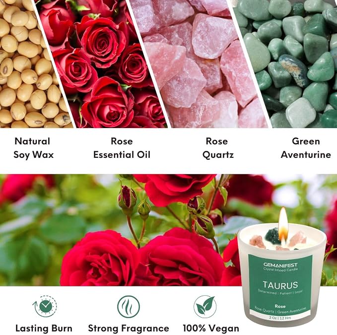 Taurus Zodiac Candle with Bracelet, Rose Scented, Taurus Crystals Birthstone Gifts for Women, Mom, Grandma, Candle Lovers