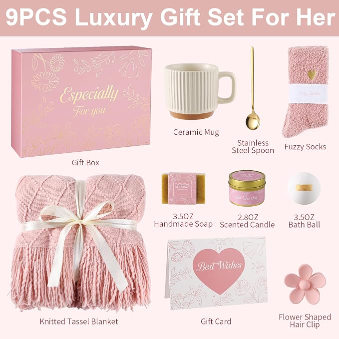 Get Well Soon Gifts Baskets for Women Self Care Gifts,Birthday Gifts for Women Spa Care Package, Set for Mom Wife Girlfriend Sister Best Friend (Pink)