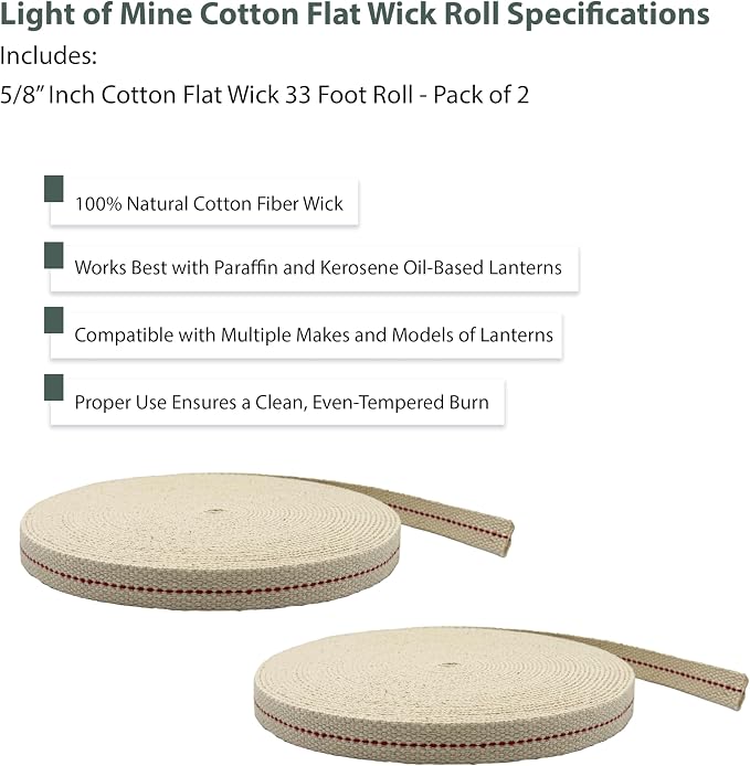 Light of Mine - 5/8" Inch 33' Foot, 100% Cotton Flat Wick - 2 Pack for Paraffin Oil, Kerosene Based Lanterns, and Oil Lamps with Genuine Red Stitch (5/8" - 33' Roll, 2pk)
