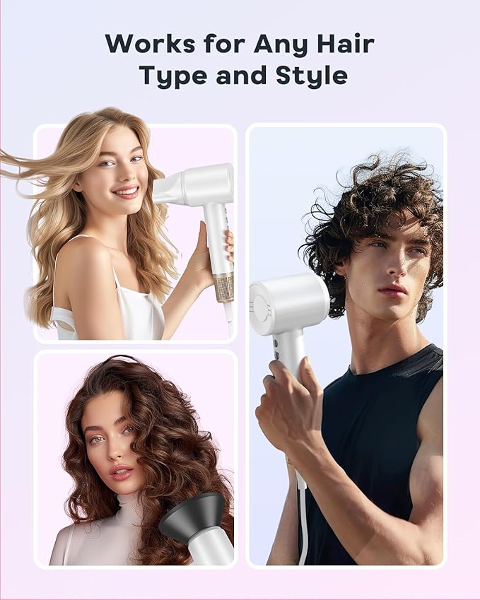 Bopcal Hair Dryer - 1-5 Mins Fast Drying Ionic Blow Dryer, 150,000RPM High-Speed, 500M Negative Ions Reduce 70% Frizz, Low Noise with Magnetic Diffuser & Nozzle, Home Travel Salon Use, Dark Black