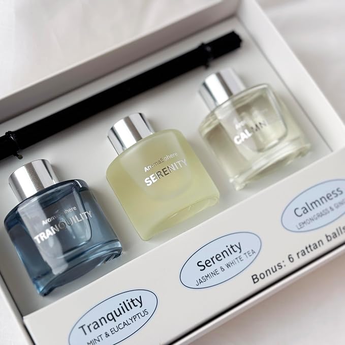 Reed Diffuser Set of 3 | Aromatherapy Fragrance Oil | 12 Sticks and 6 Rattan Balls, 3 x 50ML | Home, Office, Bathroom, Bedroom Essentials (Eucalyptus, Jasmine, Lemongrass, Sky Blue)