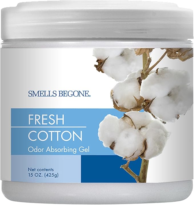 SMELLS BEGONE 15oz Gel Odor Eliminator - Absorb & Remove Tough Odors in Pet Areas, Bathrooms, Basements, Garage, Cars, RVs & Boats - Eliminate Odors Quickly (1-Pack, Fresh Cotton)