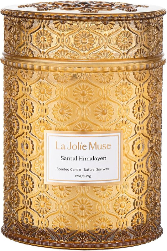 LA JOLIE MUSE Santal Himalayen Scented Candles for Home, 19 oz Natural Soy | Large Jar Luxury Candle, Clean Non Toxic, Gift for Women, Men, Decorative Candles, Pretty Candle, Wood Wick, Sandalwood Amber