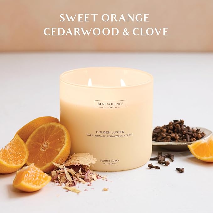 Orange, Cedarwood & Clove – Benevolence LA Large 3-Wick Scented Candle for Home | 15oz, 50-Hour Burn | Soy Wax, Cotton Wicks | Gift Ideas for Women | Malibu Sands Collection