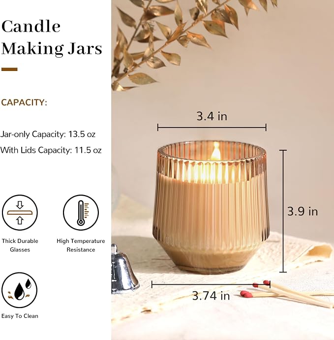 Simeitol 13 OZ Candle Making Kit - 6 Pack Amber Ribbed Glass Jars With Bamboo Lids and Wick Kit for Containers