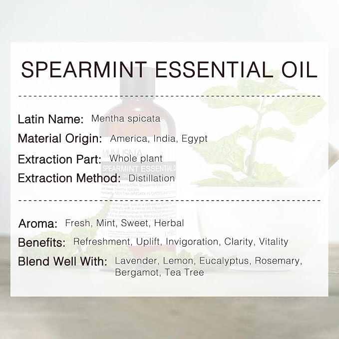 Spearmint Essential Oil 100ML, 100% Pure Spearmint Oil Aromatherapy Oil for Diffuser, Skin Hair Care, Massage, Yoga, Home, Soap and Candle Making