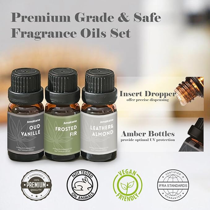 AmaKane Winter Fragrance Oil, Holiday Diffuser Oil Scents, Candle Scents for Candle Making, Soap Making Scents, Oud Vanille, Frosted Fir, Leather Almond and More Essential Oils 6x10ml
