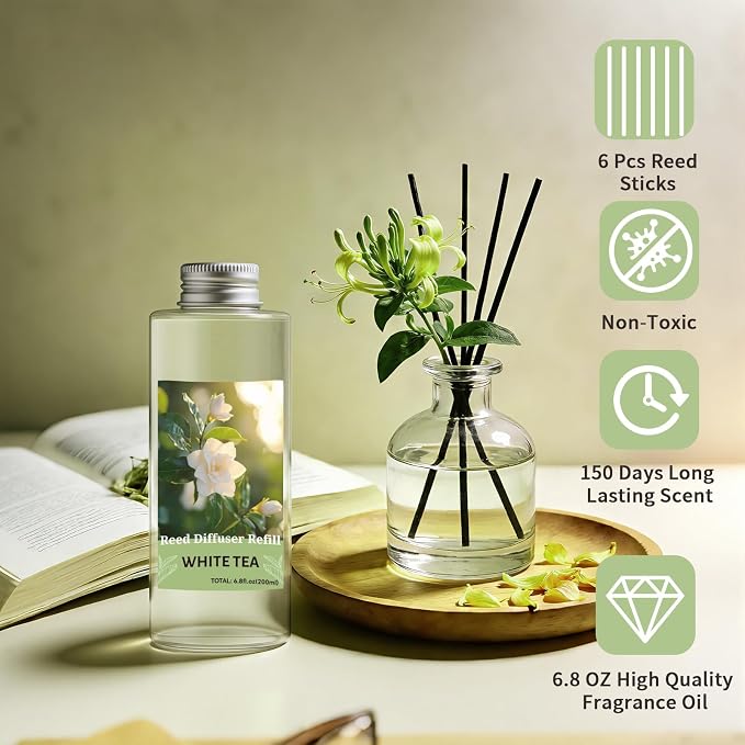 STRN Reed Diffuser Oil Refill, White Tea Scented Diffuser Oil Refills with 6 Reed Sticks 200ML(6.8fl.oz), Room Fresheners Long-Lasting Summer Fragrance for Living Room, Bedroom, Office