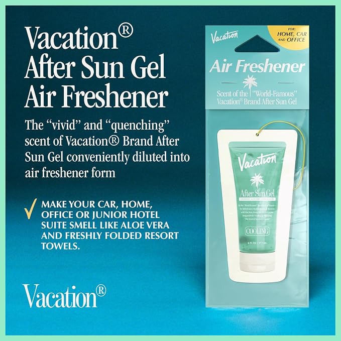 Vacation Car Air Freshener, Pack of 3 - Hanging Air Freshener for Car, Home and Office, After Sun Gel Signature Scent, Aloe and Cucumber, Long-Lasting Deodorizer