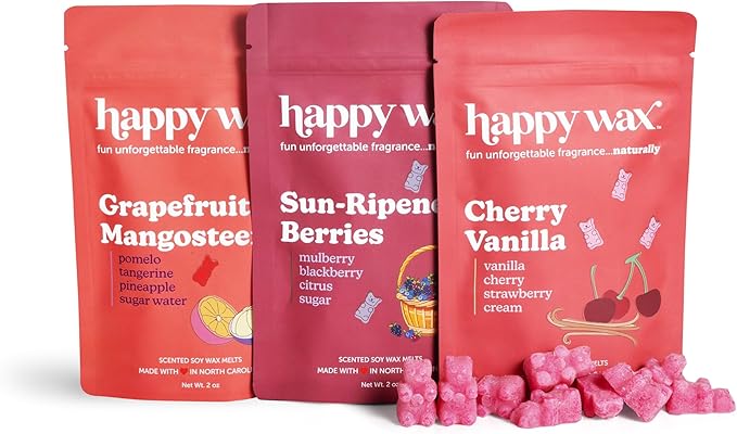 Happy Wax Fruity Favorites Mix Premium Scented Natural, Non Toxic Soy Wax Melts – 6 Total Oz. of Scented Wax Melts Includes: Cherry Vanilla, Grapefruit Mangosteen and Sun-Ripened Berries