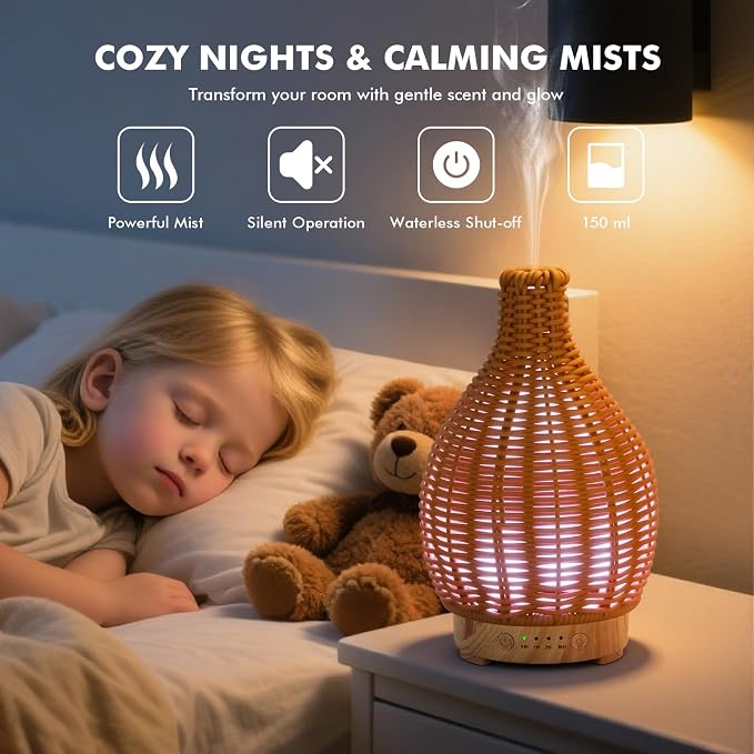 Essential Oil Diffuser Diffuser -Aromatherapy Diffuser for Essential Oils with Timer and 7 Colors LED Light Ultrasonic Diffuser with Auto Shut-Off, Home Office Decor&Gift（Handwoven）