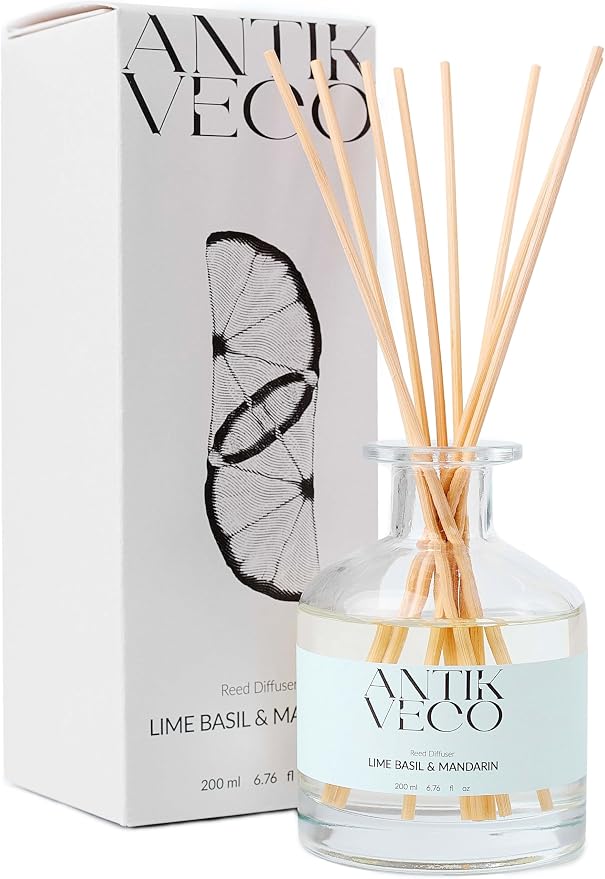 Lime Basil & Mandarin Reed Diffuser – Citrus & Herbal Diffuser for Home 6.7 fl oz – 8 Rattan Sticks – Premium Aromatherapy Oil – Elegant Glass Bottle – 90 Days Long Lasting Diffuser Set