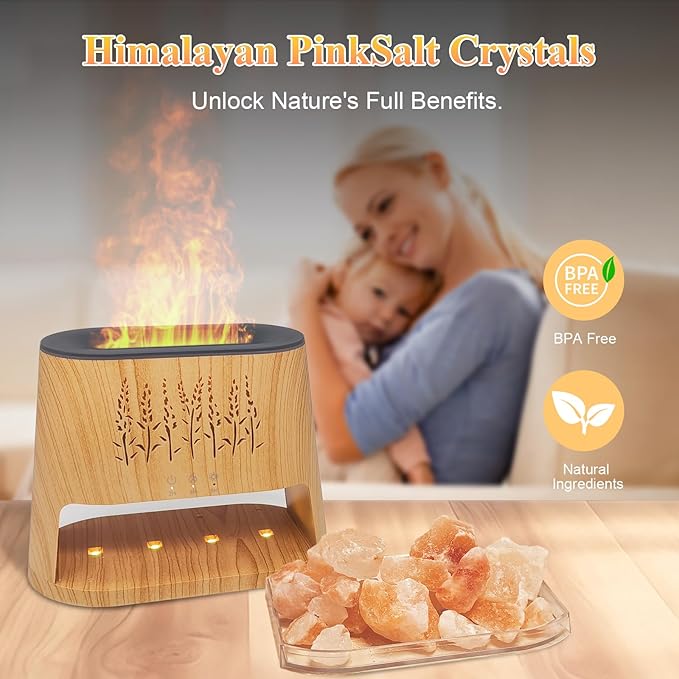 Fireplace Flame Diffuser & Himalayan Salt Lamp, 8 Colors Aromatherapy Diffuser Cool Mist Humidifier with Timer Auto Off Function for Home, Bedroom, Offie,Yoga