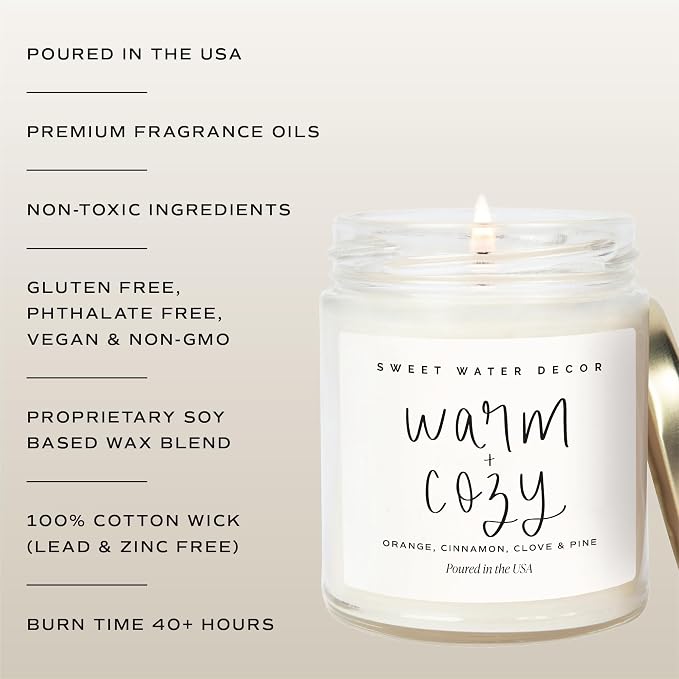 Sweet Water Decor Warm and Cozy Candle - Pine Cinnamon & Fir Winter Scented Soy Candles for Home | 9oz Clear Jar, 40 Hour Burn Time, Made in the USA