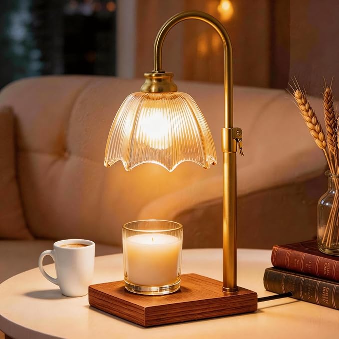 Farmhouse Candle Warmer Lamp with Timer Dimmable Adjustable Gold, Vintage Glass Wax Heated Lamp Wood Base for Large Jar Candles, Gifts for Mothers Day House Warming New Home Office Decor (Amber)