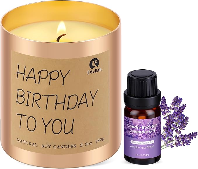 Birthday Candles Gifts for Women Men, Handmade Soy Scented Candle Aromatherapy Decorations Gift for Mom, Dad, Sister, Teacher, Friends, Daughter Son, Lavender Scented, 9.9oz