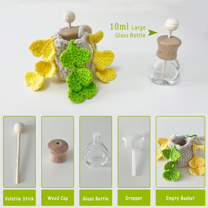 Car Essential Oil Diffuser, 10ml Empty Refillable Bottle with Crochet Hanging Plant Rear View Mirror Accessories, Home Office Decor