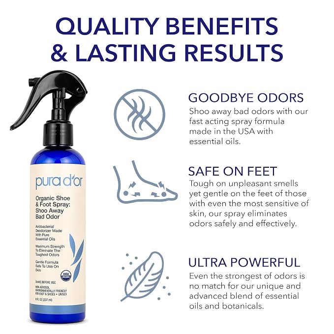 PURA D'OR Organic Shoe & Foot Odor Eliminator Spray (8oz) Deodorizes & Removes Bad Smells with Eucalyptus, Peppermint, Tea Tree, Lemongrass Essential Oil, Maximum Strength (Packaging may vary)