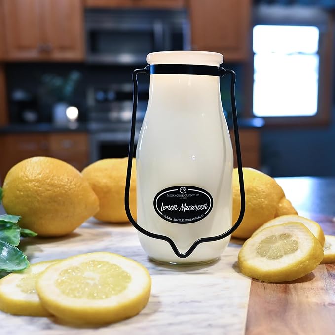 Milkhouse Candle Company Lemon Macaroon Soy Candle - Vanilla | Lemon | Citrus Scented - 14 oz Milkbottle with LId, 90+ Hour Burn Time, Made in the USA