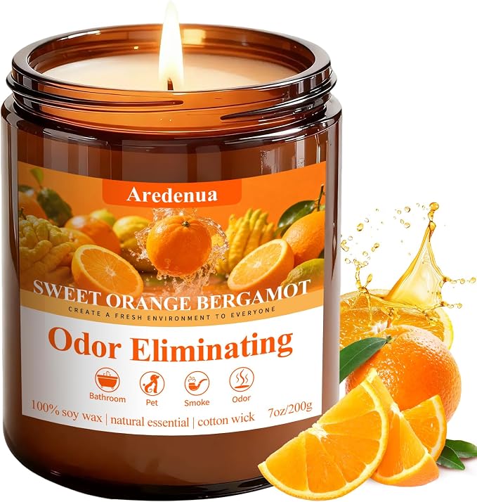 Sweet Orange Bergamot Odor Eliminating Candle | Eliminates 95% of Pet, Smoke, Food & Other Smells – Fresh Air Scented Candle Gentle for Family - Up to 50 Hour Burn time - 7 Oz Natural Soy Wax