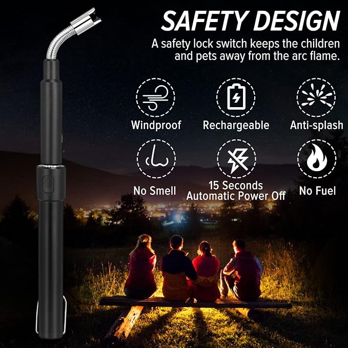 Electric Arc Lighter - Rechargeable Plasma Lighter with 11.4"-27.55" Adjustable Neck, Windproof & Flameless for Candles, Fireplaces, Fire Pits (Black)