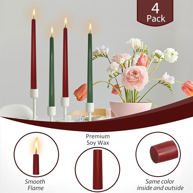Dripless Taper Candles Red Candlesticks,10 inches Long Tapered Candle Green Candle Sticks Christmas Dinner Candles for Home Decor Home Weddings Festive Seasons Holiday,8-RG