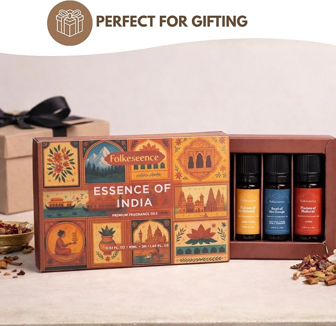 Folkulture Essence of India Essential Oils Set for Diffuser | Set of 5 Fragrance Oils for Aromatherapy | Frankincense, Jasmine, Cedarwood | Home Fragrance Gift | Gift for Her
