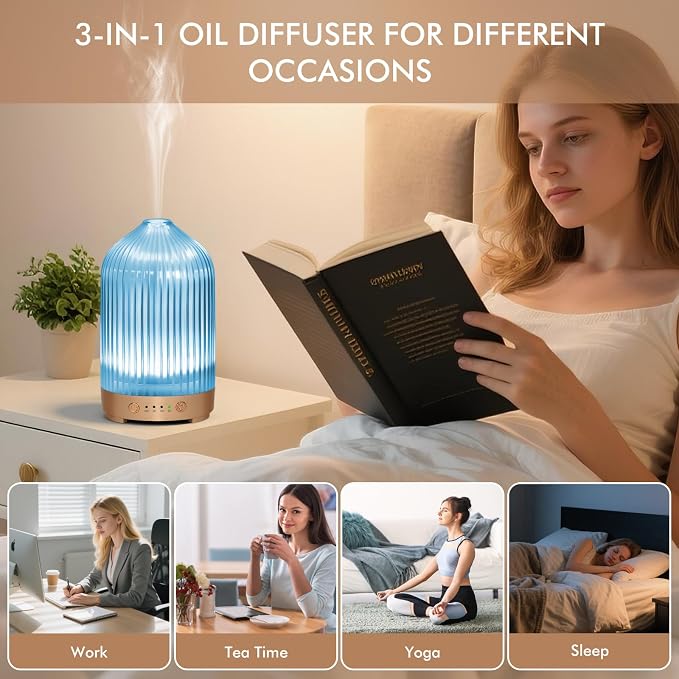 Essential Oil Diffuser for Home- 200ml Aromatherapy Diffuser for Essential Oils with 4 Timer, 7 Color LED Lights Waterless Auto Shut-Off for Home Office Décor Gifts for Women