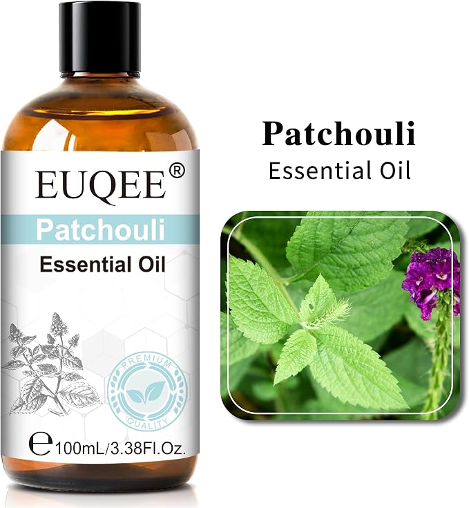 EUQEE 100ml Patchouli Essential Oil, Pure Patchouli Essential Oil for Diffuser, Massage, DIY Soap,Candle Making, Skin & Hair Care - 3.38 Fl Oz