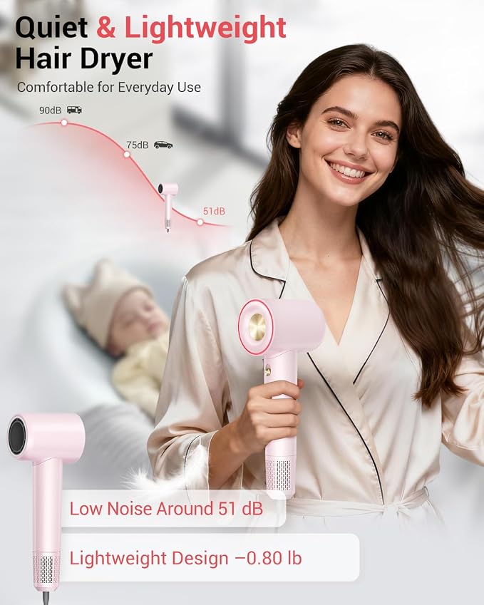 Ionic Hair Dryer, 150,000 RPM High-Speed Professional Blow Dryer for Fast Drying, 500M Negative Ions & Thermo-Control, Magnetic Nozzle, Low Noise & Lightweight for Home and Travel, Pink