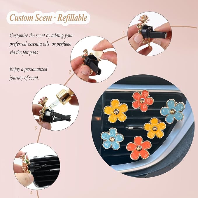 ORIESSE 6pcs Car Air Freshener Vent Clips, Daisy Flower Air Diffuser - Blue, Orange, Yellow - Refillable 3.3cm/3cm Car Accessories for Women
