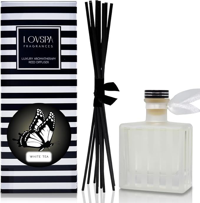 Reed Diffuser Set, White Tea Scented Oil Diffuser with Sticks, Home Fragrance Accessories for Bathroom Shelf Decor, Aroma Diffusers for Home or Office Desk, USA Made