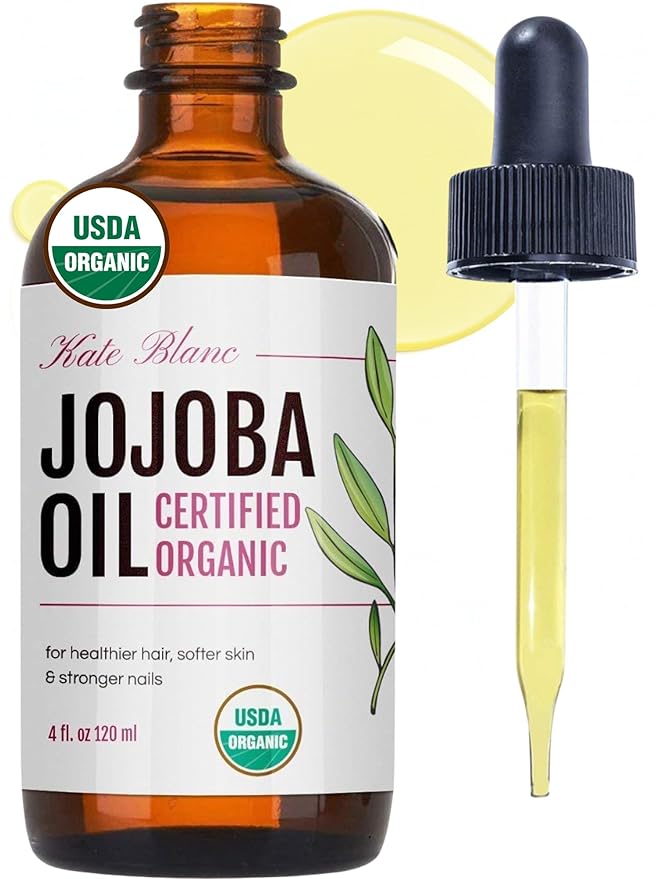 Kate Blanc Cosmetics Organic Jojoba Oil for Hair, Skin, Face, Nails (4oz) - USDA Certified, 100% Pure Cold Pressed Unrefined - Moisturizing Carrier Oil for Gua Sha, Dermaplaning, Body - Glass Bottle