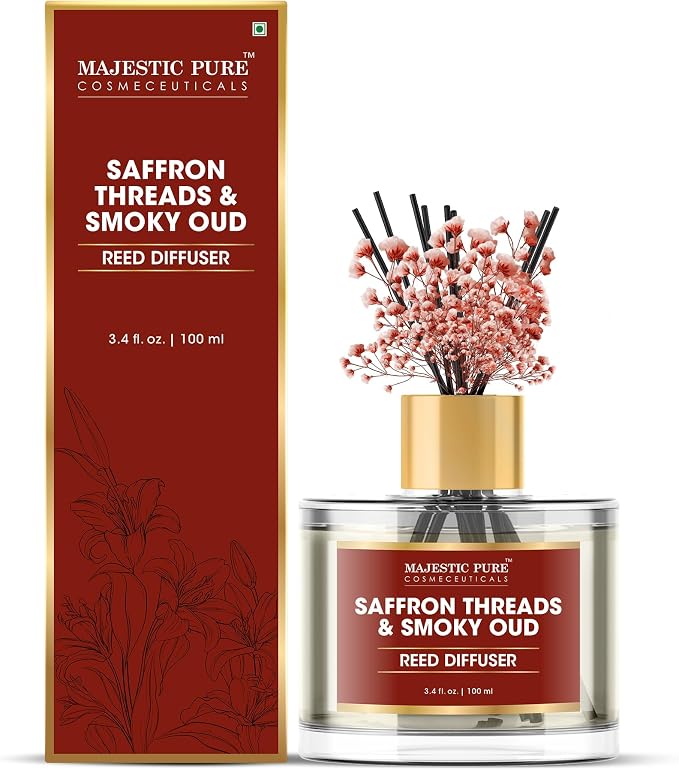Majestic Pure Saffron & Oud Reed Diffuser, 3.4 fl oz | Long Lasting Oriental Fragrance for Home & Office