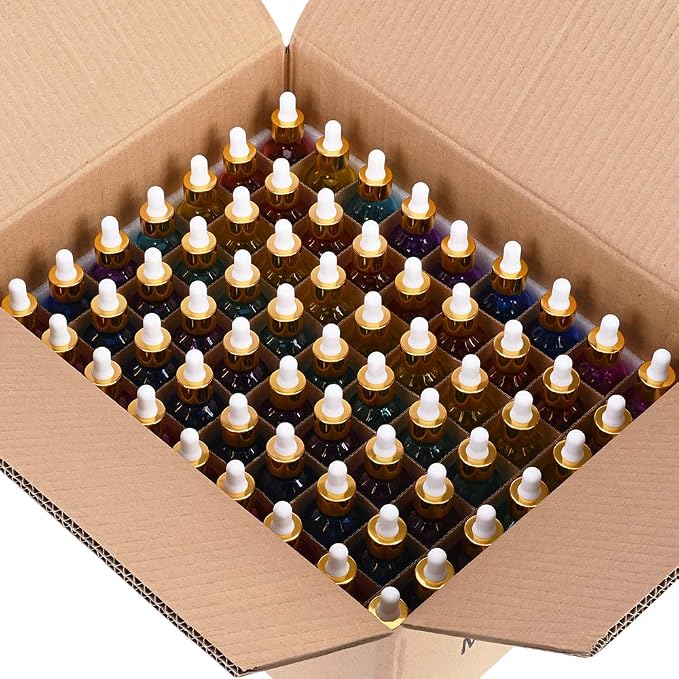 PrettyCare Glass Eye Dropper Bottles 2oz (60ml), 63 Pack Rainbow Empty Thick Bottles Bulk with Leakproof Golden Caps - With Labels & Funnels for for Storage, Travel,Essential Oils, DIY Serums, Tinctur