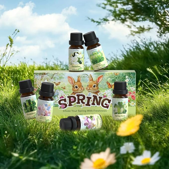 Spring Essential Oil Set of Premium Fragrance Oils for Diffuser- Includes Cherry Blossom, Fresh Cut Grass, Spring Rain, Bamboo, Freesia, Jasmine Diffuser Oils, Candle Making for Aromatherapy, Home Car