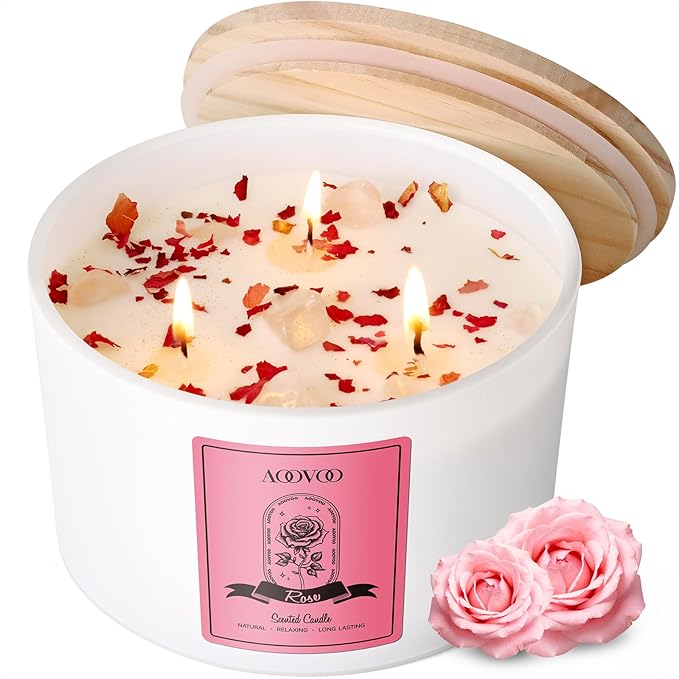 AOOVOO Rose Scented Candles for Women - 20oz 3 Wick Soy Candles for Home Scented, Aromatherapy Candle with Crystals Inside, Birthday Gifts Valentines Day Candle for Women Mom