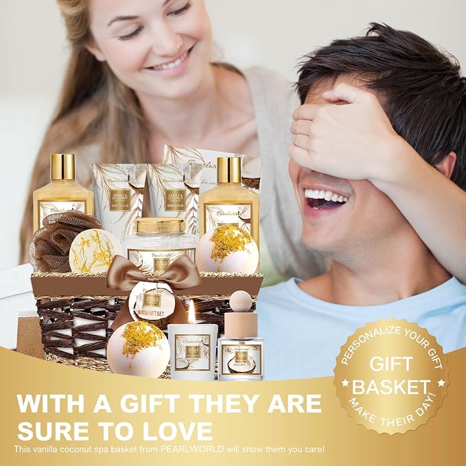 Mother's Day Gifts Basket for Women, 15pcs Vanilla Coconut Bath Set with Shower Gel, Bubble Bath, Diffuser Oil, Scented Candle, Skin Care Kit Birthday Gift for Women