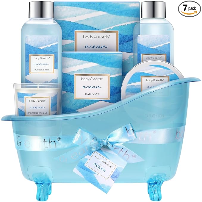 Bath and Body Gift Set for Women, Body & Earth Ocean Gift Basket, 7 Pcs Bath Sets for Women Gift with Bubble Bath, Body Lotion, Scented Candle, Spa Kit for Her, Mother's Day Gifts for Mom